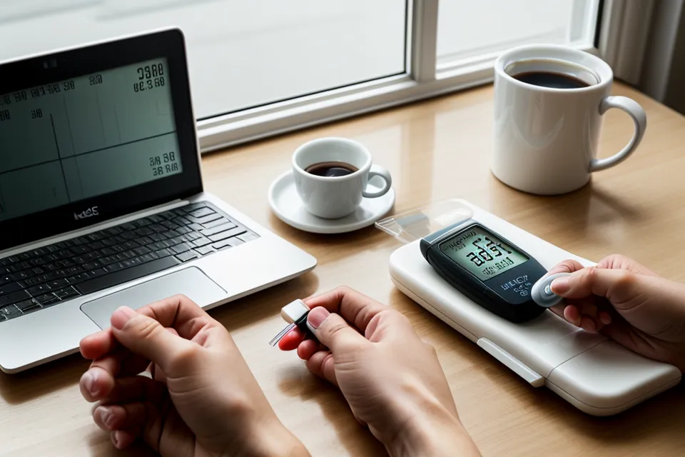 Close-up of a glucose meter showing a fasting blood sugar reading of 106 mg/dL during a personal supplement testing log