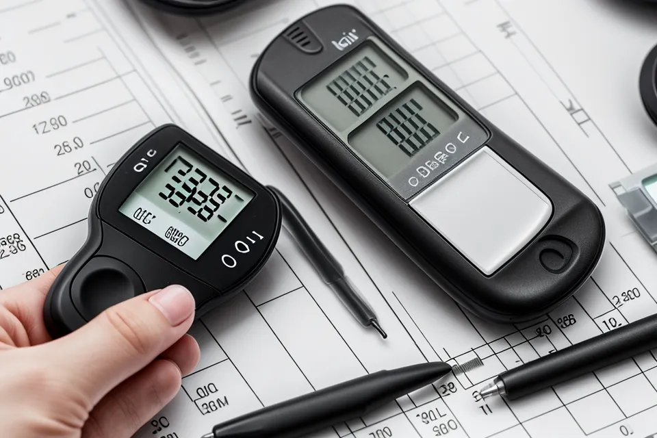 Glucose meter reading beside a blood sugar tracking spreadsheet used to make sense of A1C numbers