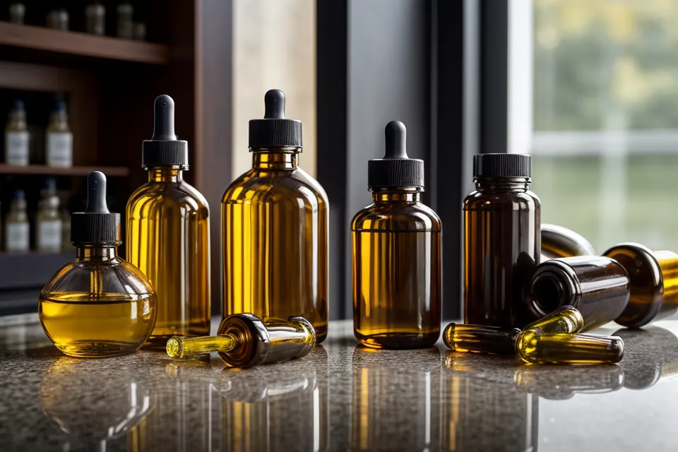 Blood sugar supplement bottles and a liquid dropper lined up on a kitchen counter during A1C tracking