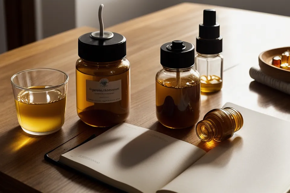 A supplement dropper being prepared next to a tracking notebook on a table.