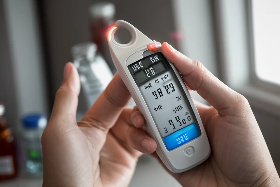 Close-up of a hand holding a glucose meter with supplement bottles in the background.