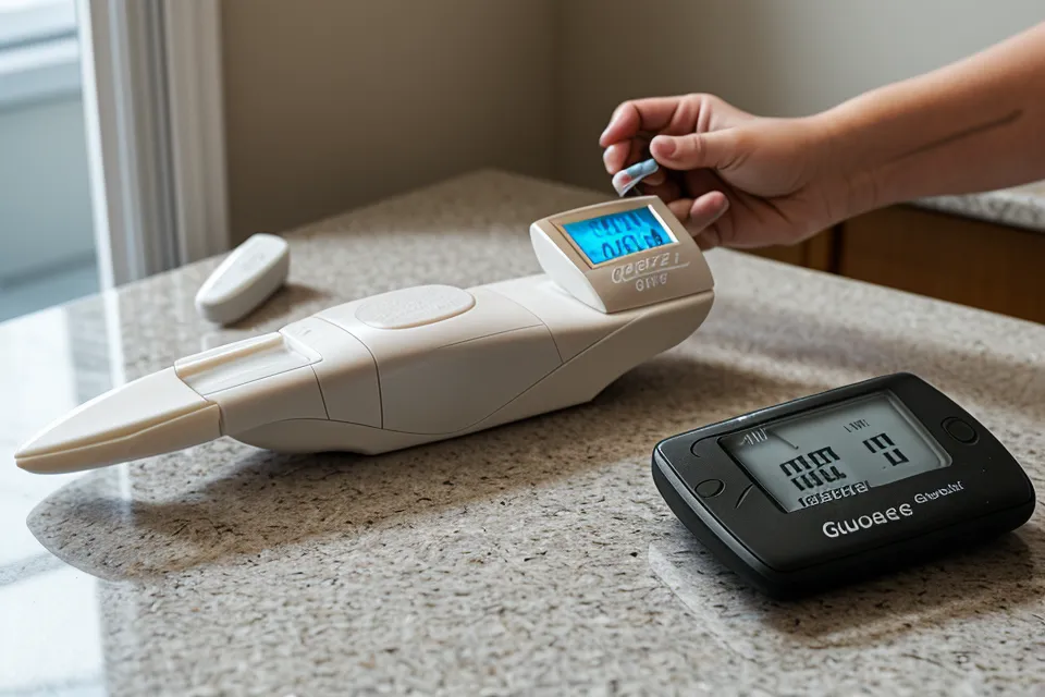 A blood glucose meter showing a reading next to testing supplies on a counter