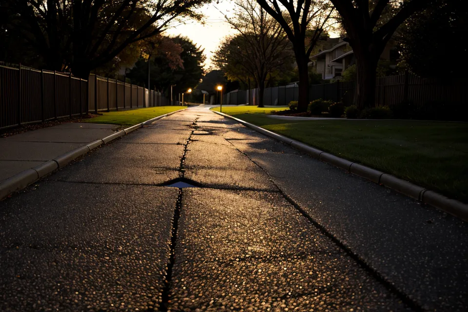 A peaceful suburban sidewalk at dusk perfect for a post-meal walk