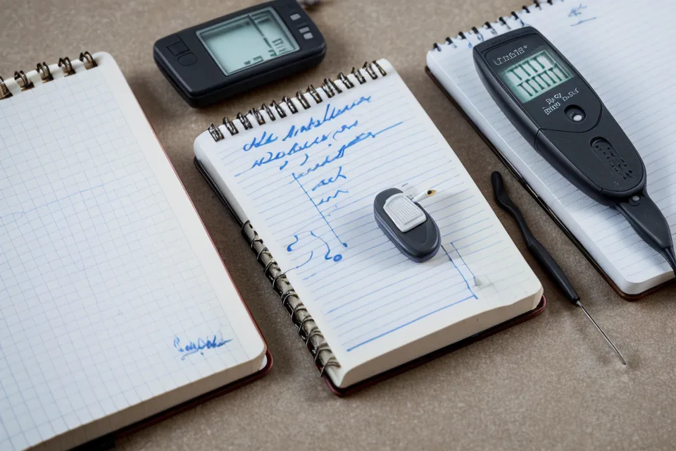 A notebook logging daily blood sugar readings next to a glucose meter.