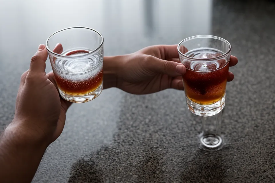 Close-up of liquid supplement drops being added to a glass of water.