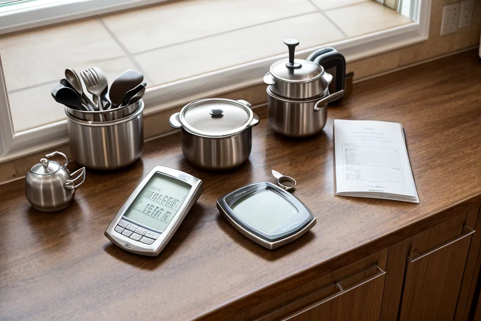 A blood sugar logbook and glucose meter on a kitchen counter.