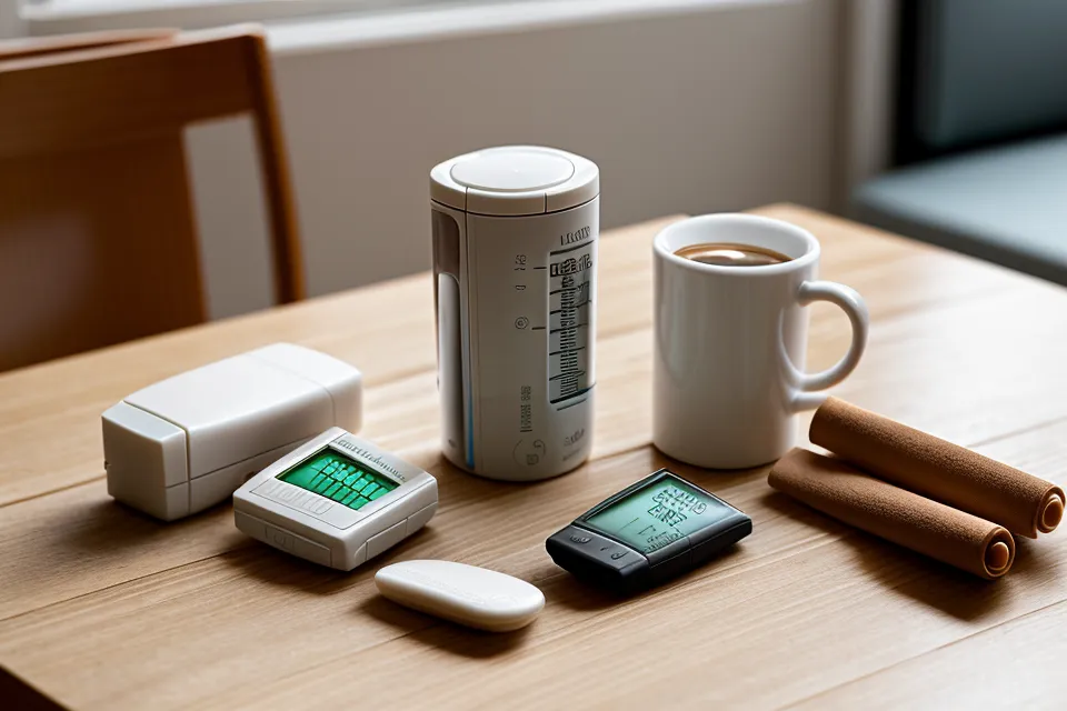 Glucose meter, lancet case, and a row of blood sugar supplement bottles lined up on a kitchen counter for ongoing prediabetes management and glucose tracking
