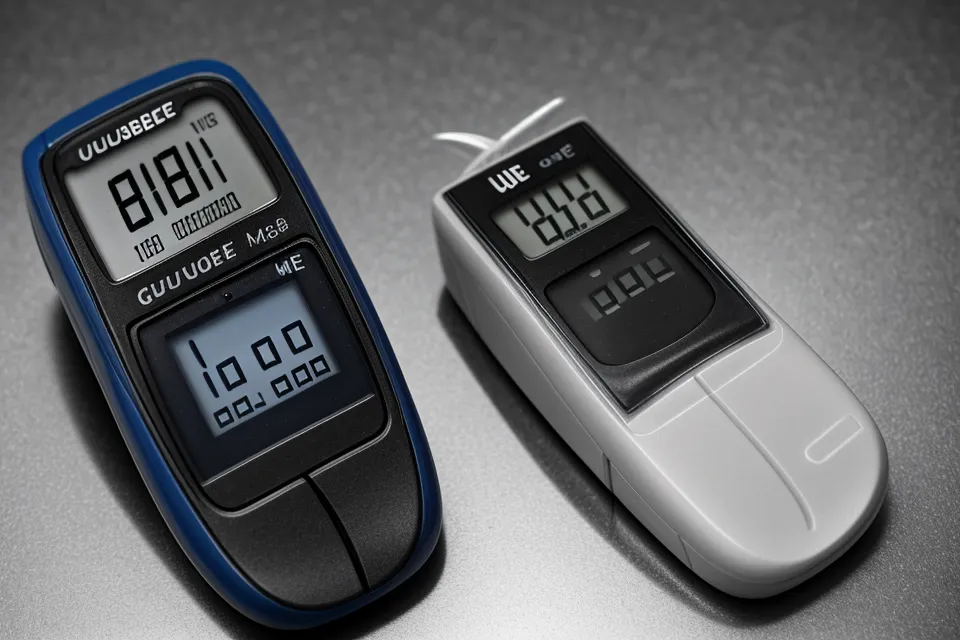 Glucose meter glowing during a 3 a.m. dawn phenomenon test in a dark kitchen