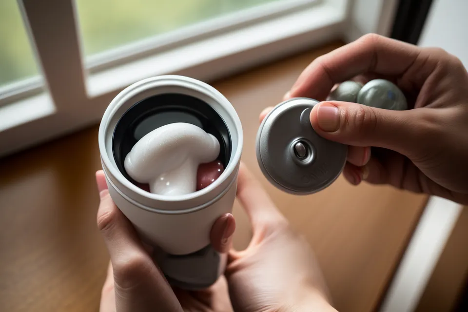 A person holding a supplement capsule over a desk with a water glass.