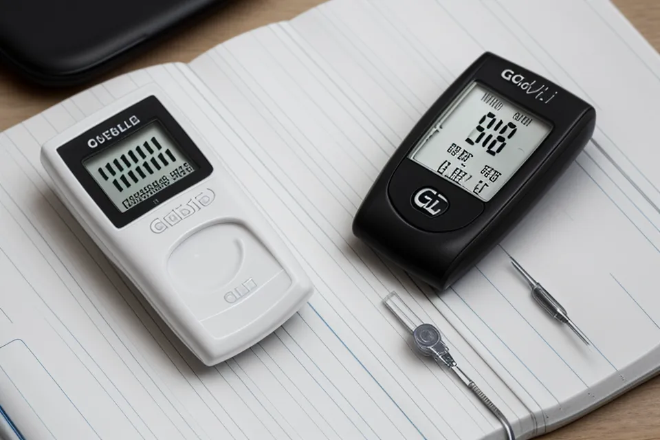A glucose meter showing 115 next to a tracking logbook.