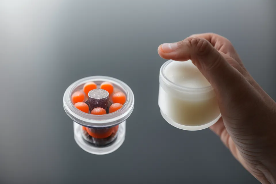 Close-up of a supplement capsule being held against a blurred nutrition label background.