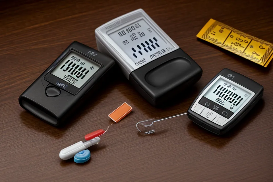 Digital glucose meter showing 108 next to an open bottle of herbal supplements.