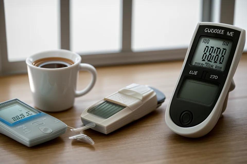 Digital glucose meter showing a fasting glucose reading during a Gluco6 and GlucoBerry supplement comparison
