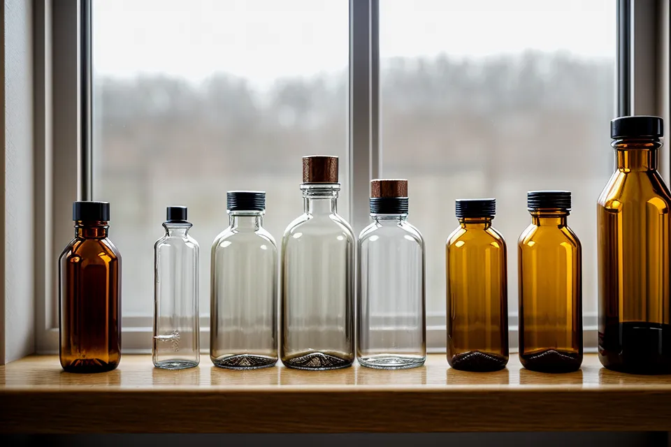 Supplement bottles and reading glasses on a kitchen shelf.