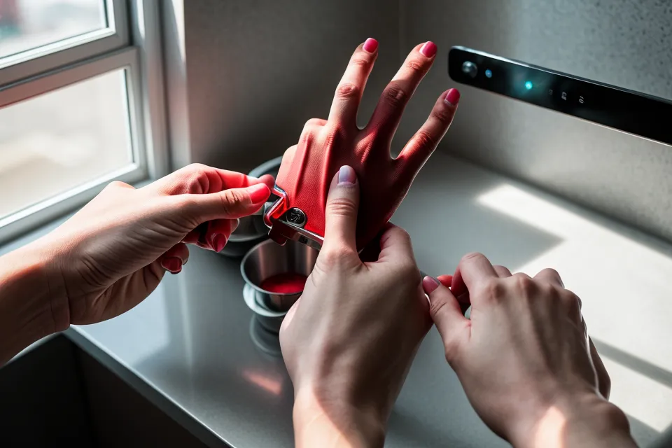 A person performing a finger-prick glucose test in a kitchen setting.