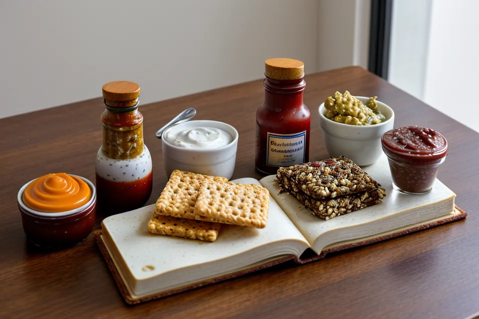 Common healthy foods like yogurt and balsamic vinegar next to a glucose logbook.
