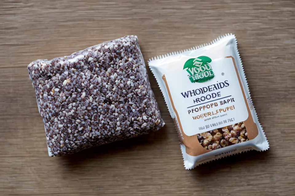 Processed office snack bar next to whole foods like walnuts and a hard-boiled egg, compared during a glucose-testing experiment for hidden sugars.
