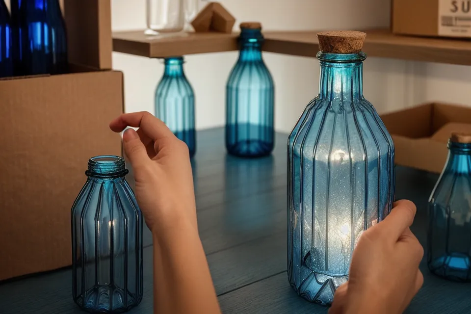 A person reaching for a supplement bottle in a dimly lit kitchen pantry.