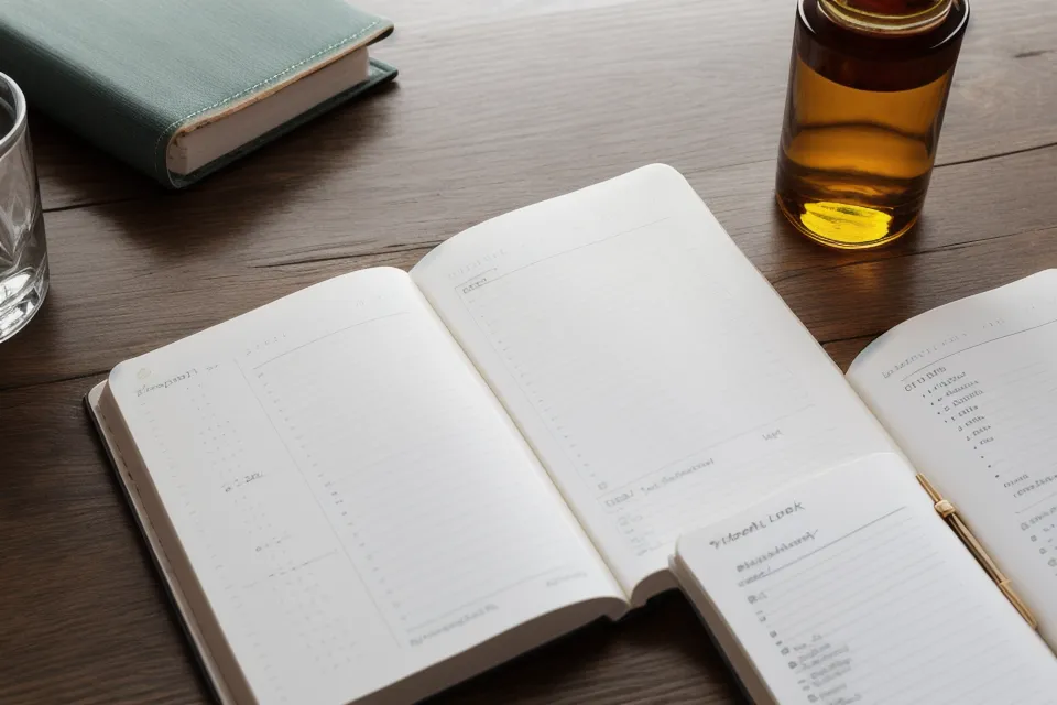 A blood sugar tracking log and glucose meter on a wooden table.