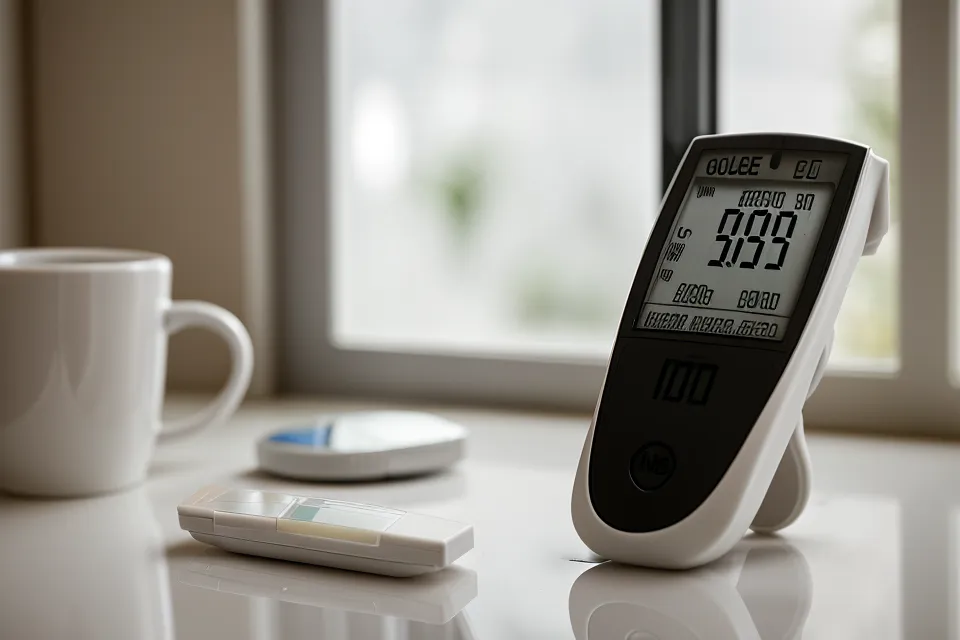 Glucose tracking meter reading 108 mg/dL beside a handwritten log, part of an Atlanta small business owner's prediabetes lifestyle