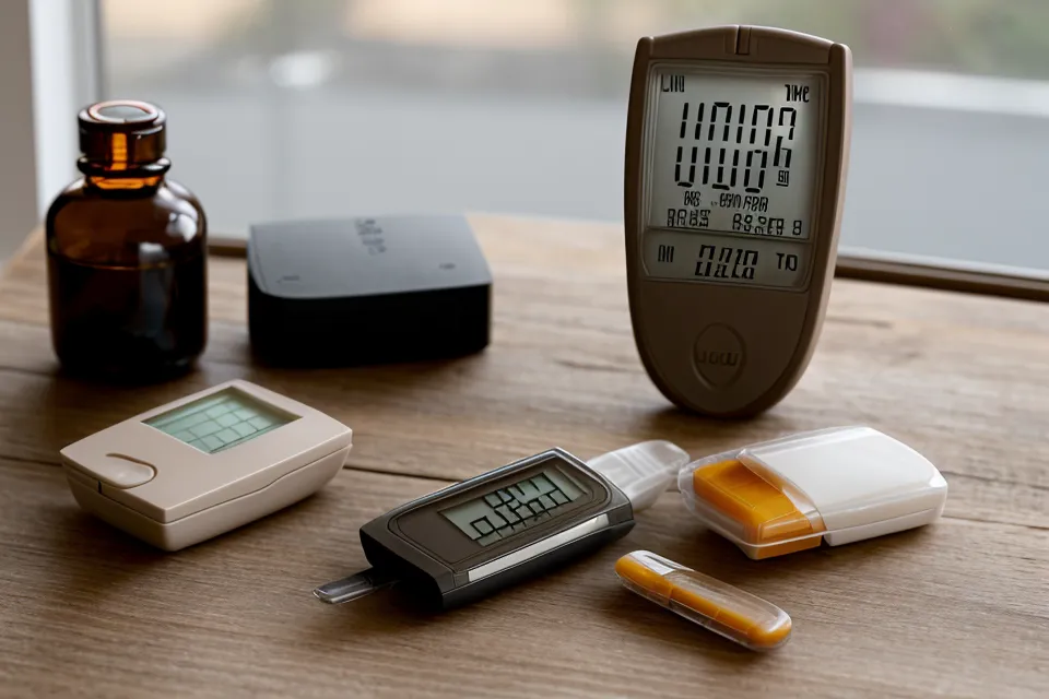 Berberine test bottle and Ceylon cinnamon supplement next to a glucose meter used for morning fasting-glucose blood-sugar tracking.