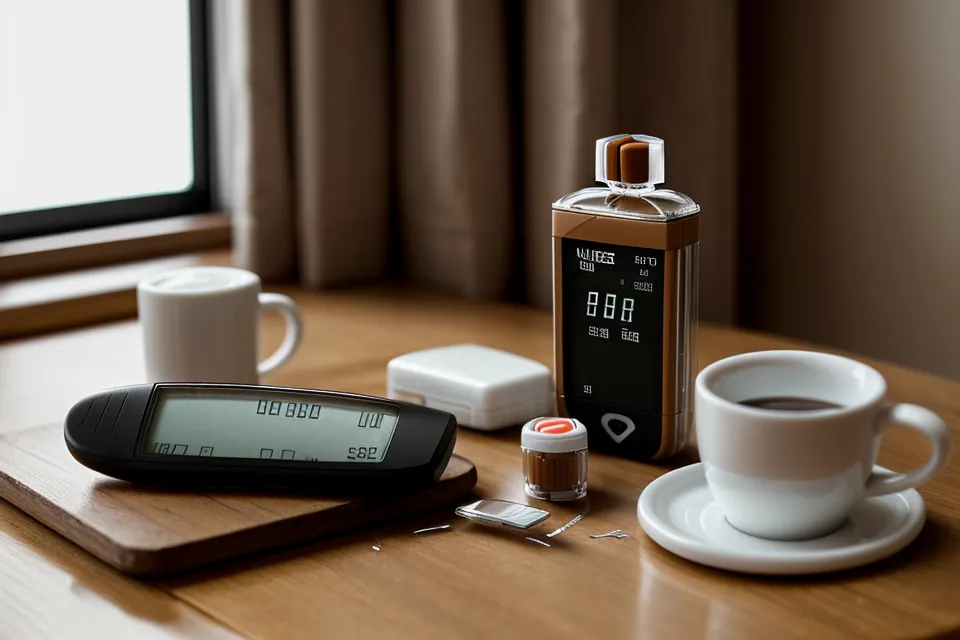 Reading a fasting glucose number on a glucose meter at home, part of a blood-sugar tracking routine.