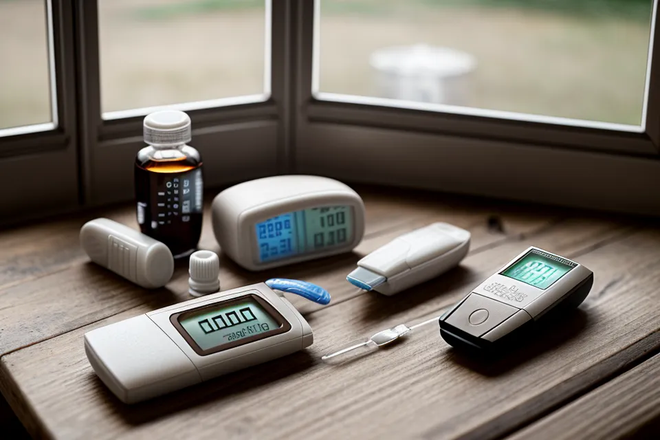 A bottle of Sugar Defender liquid drops on a kitchen counter with a tracking log.