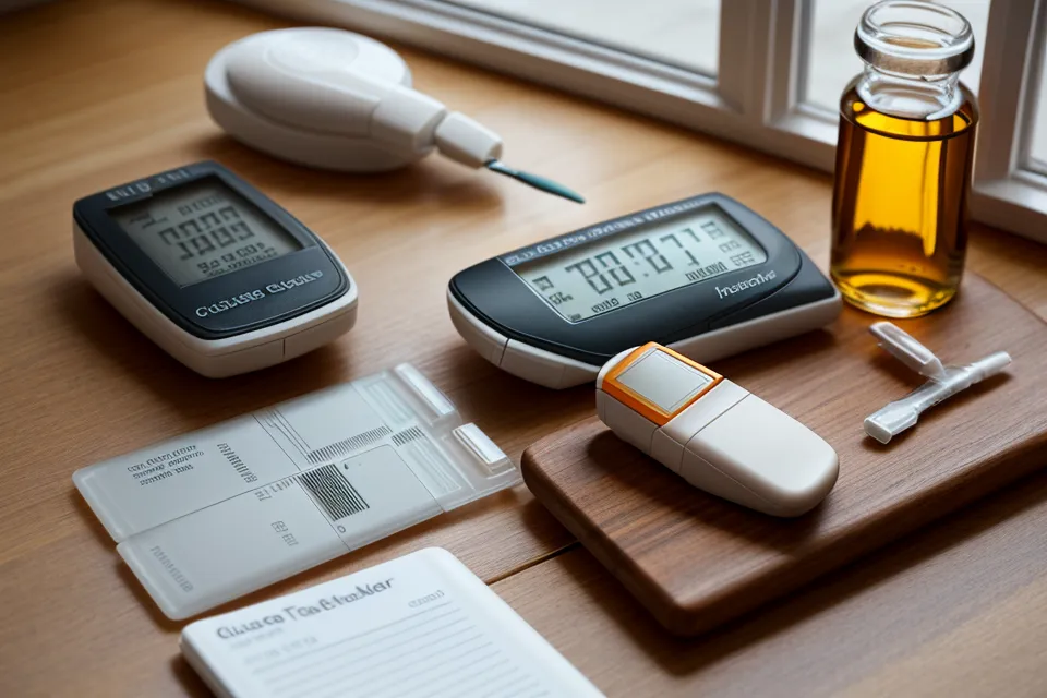 Prediabetes management blood sugar testing setup with a glucose meter and supplement bottles