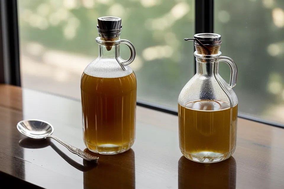 Close up of apple cider vinegar and a glass of water on a kitchen counter