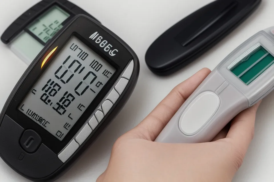 Close-up of a glucose meter reading in a kitchen setting.