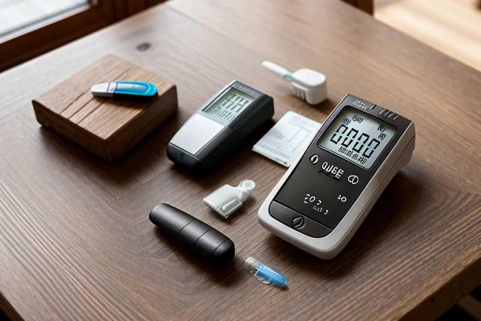 Glucose meter beside supplement bottles, illustrating blood sugar testing and label reading on supplement fillers during a prediabetes journey