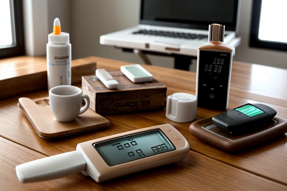 Hand holding a glucose test strip next to supplement capsules during a blood sugar testing check on fillers