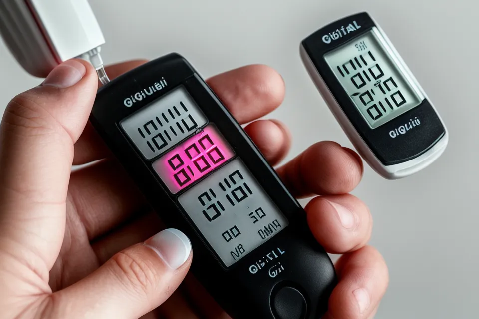 A close-up of a glucose meter counting down after a blood sugar test.