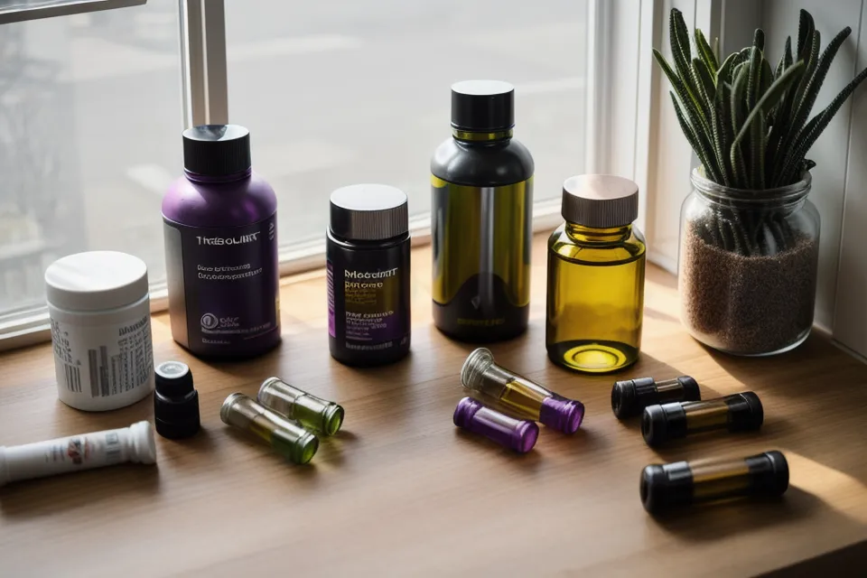An overhead view of supplement bottles and a handwritten glucose tracking log on a counter.