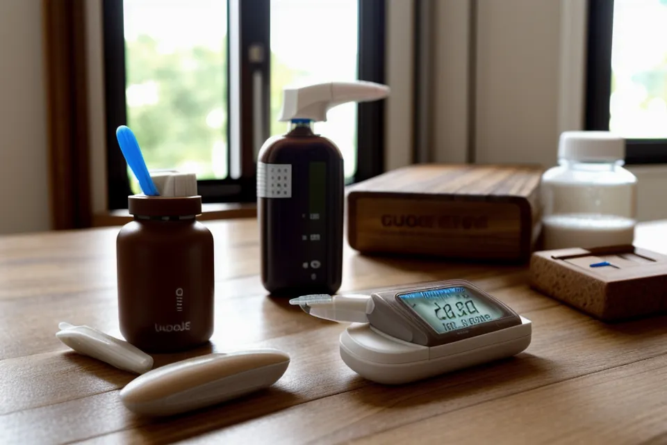 Clean kitchen counter with water and logs during a supplement washout period for fasting glucose tracking