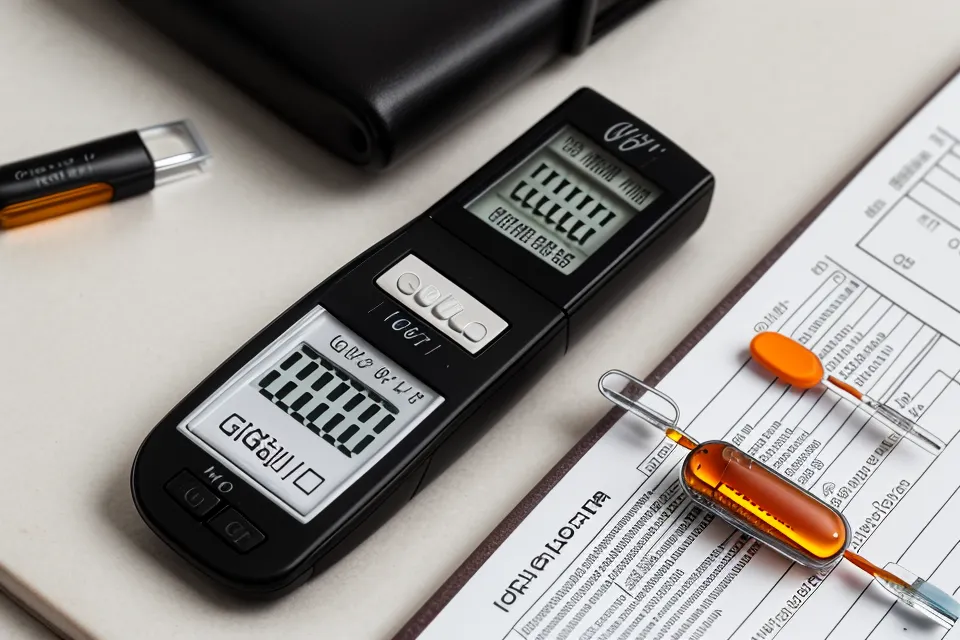 A glucose meter and logbook showing successful tracking results.