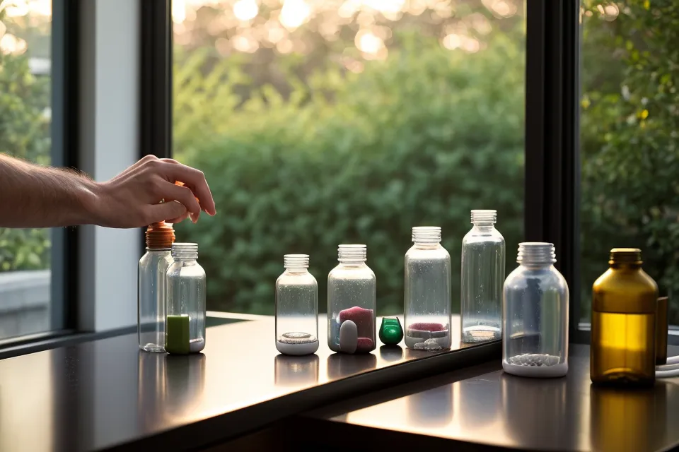 Organizing blood sugar supplement bottles on a kitchen counter.