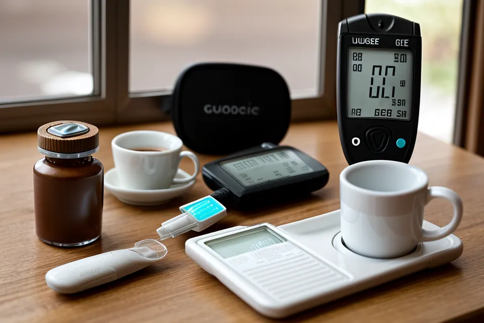 Glucose meter next to a glass of water used during daily blood sugar management testing