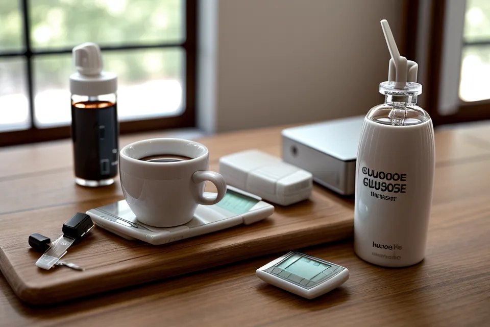Liquid blood sugar supplement dropper bottle beside empty capsule containers during a supplement review