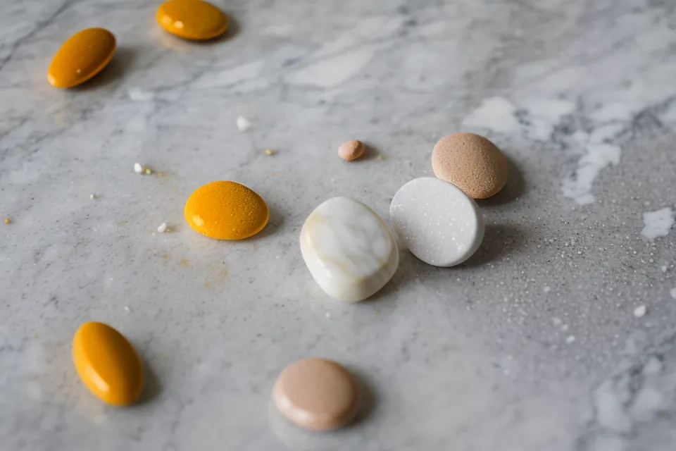 A close-up of a yellow stain on a white kitchen counter from a Berberine capsule.