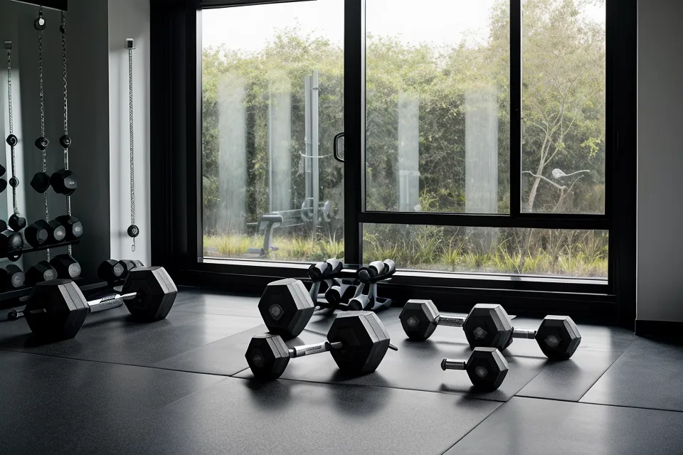 A pair of dumbbells on the floor, representing the importance of strength training for glucose management.