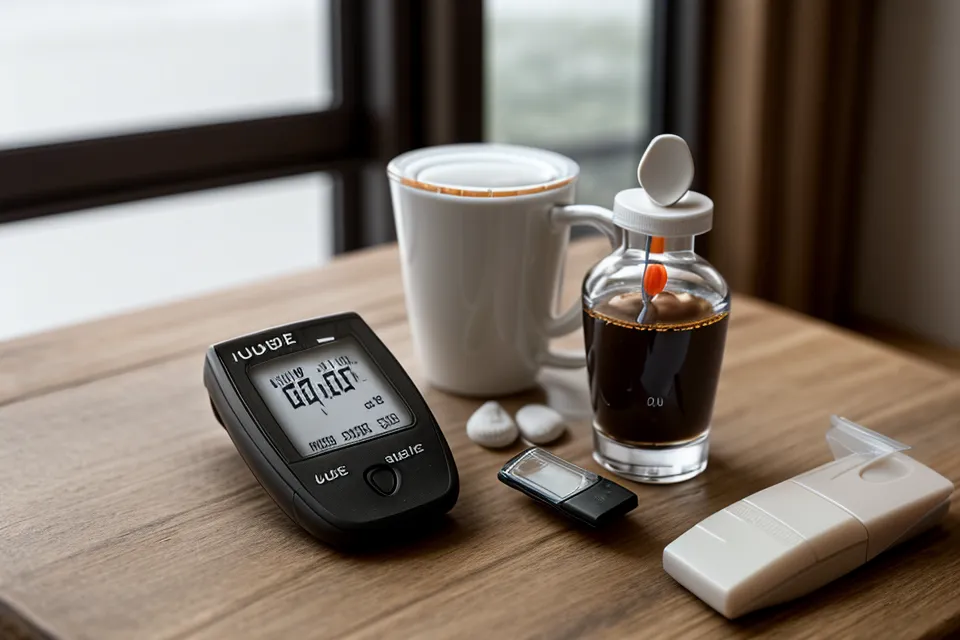 Liquid blood sugar supplement bottle and dropper on a kitchen counter near a bike helmet, part of an ongoing supplement testing routine