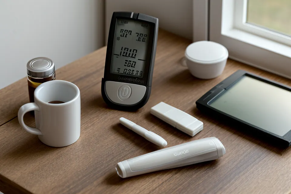 Checking blood sugar on a glucose meter after a walk as part of a prediabetes lifestyle log.