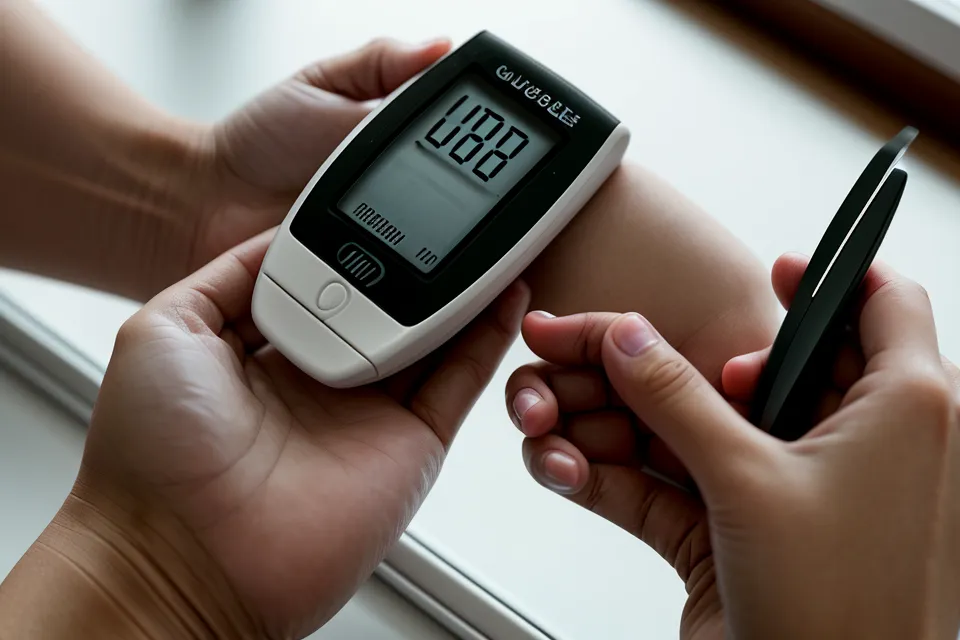 Close-up of a glucose meter showing blood sugar tracking data.
