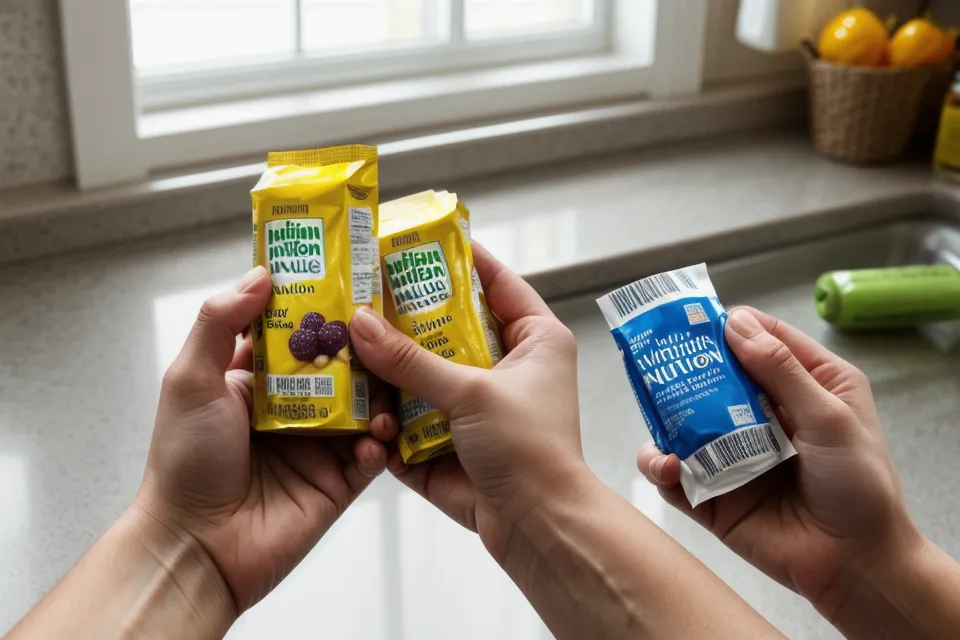 Close-up of a hand highlighting carbohydrates on a nutrition label.