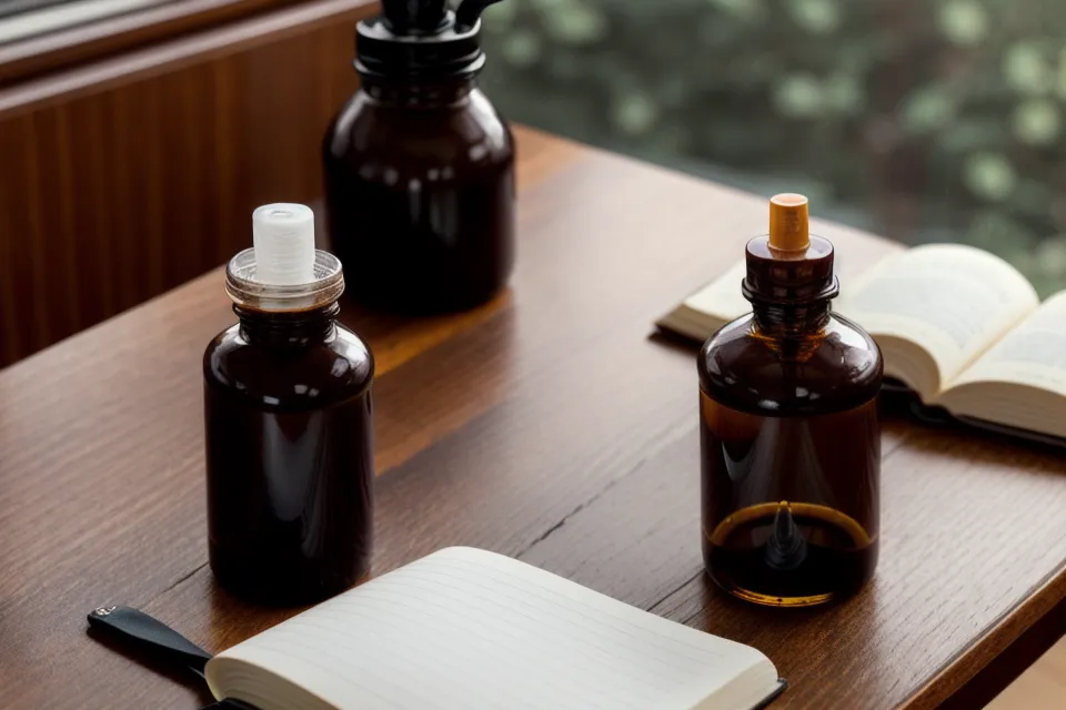 Sugar Defender dropper bottle next to coffee and a glucose log book.