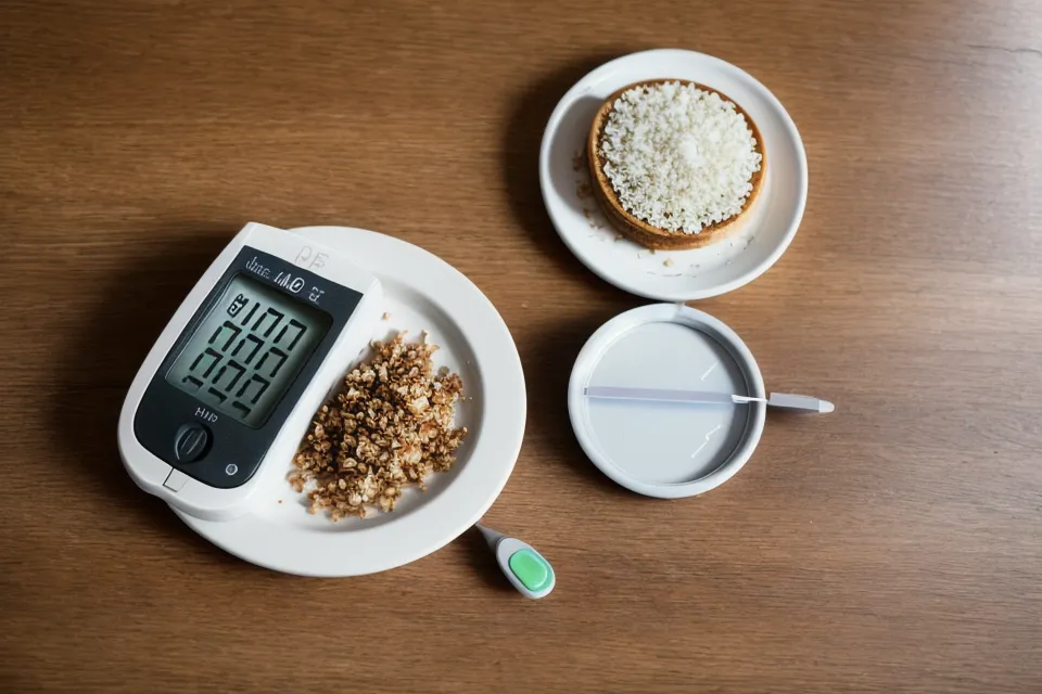 Close-up of a glucose meter displaying a 5.7 A1C reading on a desk.
