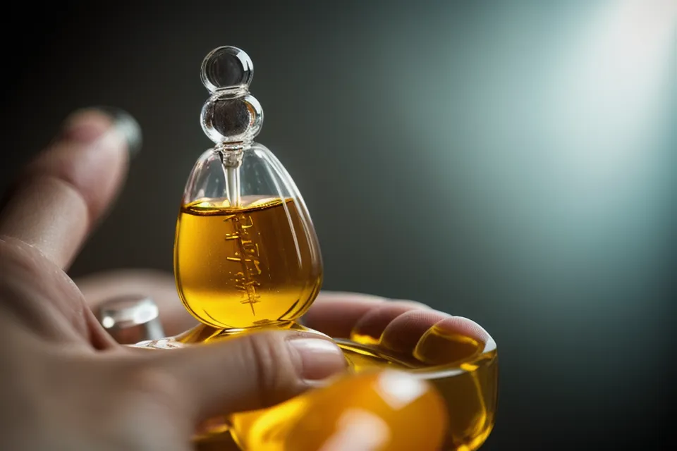 A hand holding a liquid supplement dropper showing the consistency of the authentic formula.