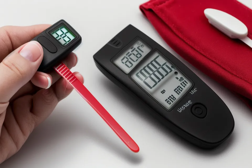 Close-up of a person checking their fasting blood sugar with a glucose meter.