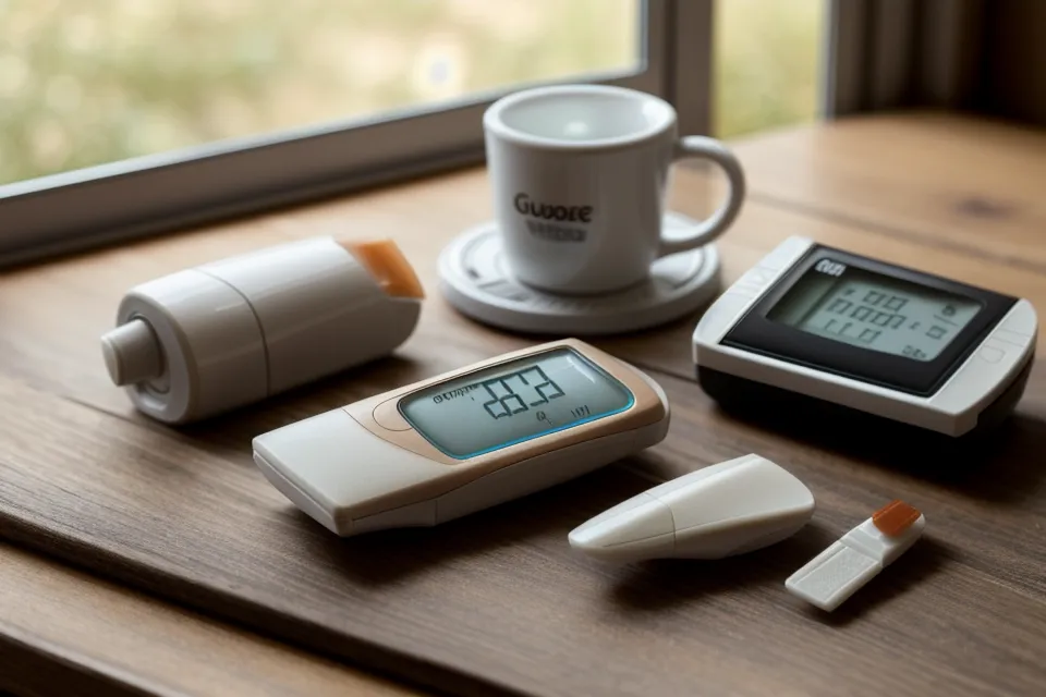Close-up of a glucose meter showing a high reading during a stressful work day — tracking a work stress blood sugar spike.